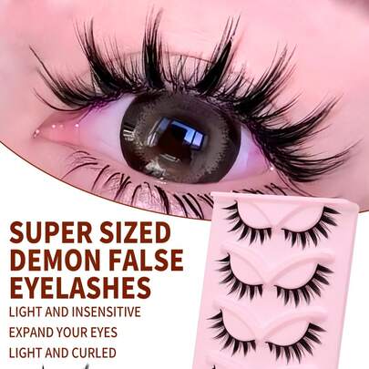 5对漫画风格透明A字尖头小恶魔假睫毛，自然卷翘，适合角色扮演，可用于延长漫画眼妆，长度10-15毫米