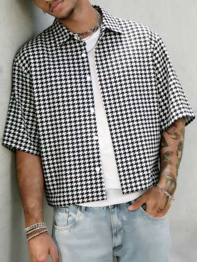Men's Black & White Houndstooth Slim Fit Short Sleeve Casual Shirt, Street Style
