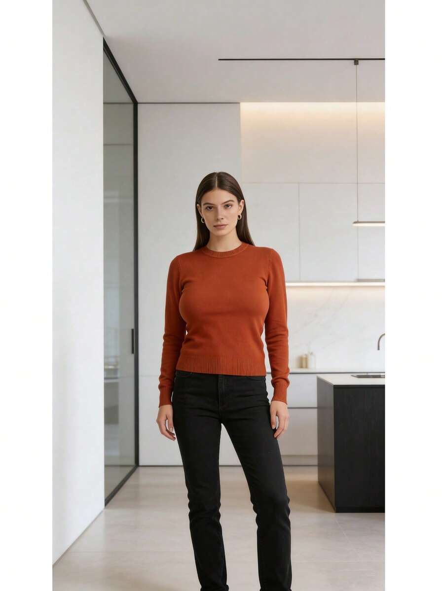 Steve Store Women's Fashion Round Neck Modal Long Sleeve Imported Sweater With Elastic Waistband For Autumn And Winter. - besi - View 1