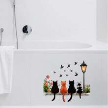1/3pcs Cute 4 Cats Sitting On Stone Pattern Toilet Seat Decal Sticker, Water Tank Sticker, Suitable For Bathroom, Wall Decor, Easy To Apply, Waterproof - Multicolor - View 2
