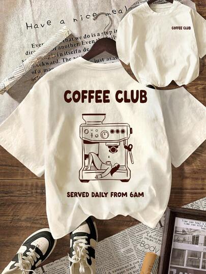 咖啡爱好者俱乐部图案T恤，女士休闲圆领短袖简约T恤，夏季度假/外出穿搭