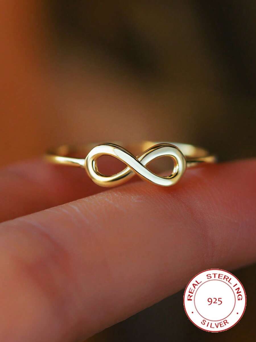 1pc S925 Silver 14K Gold Plated Infinity Symbol Ring, Minimalist Unique Design Eternal Love Couple Rings, Suitable For Daily Wear, Travel, Party, Women's Quality Jewelry - Gold - View 1