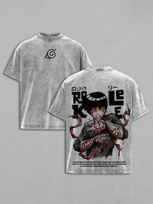 Rock  Tee Washed - Anime MangaVintage Washed Heavy Cotton Oversized T-Shirt & Hoodie, Double Printed Retro UnisexStreetwear Graphic Top, Taijutsu FighterEdition, Loose Fit Multi-Color Anime Merch - 灰色 - 查看 1
