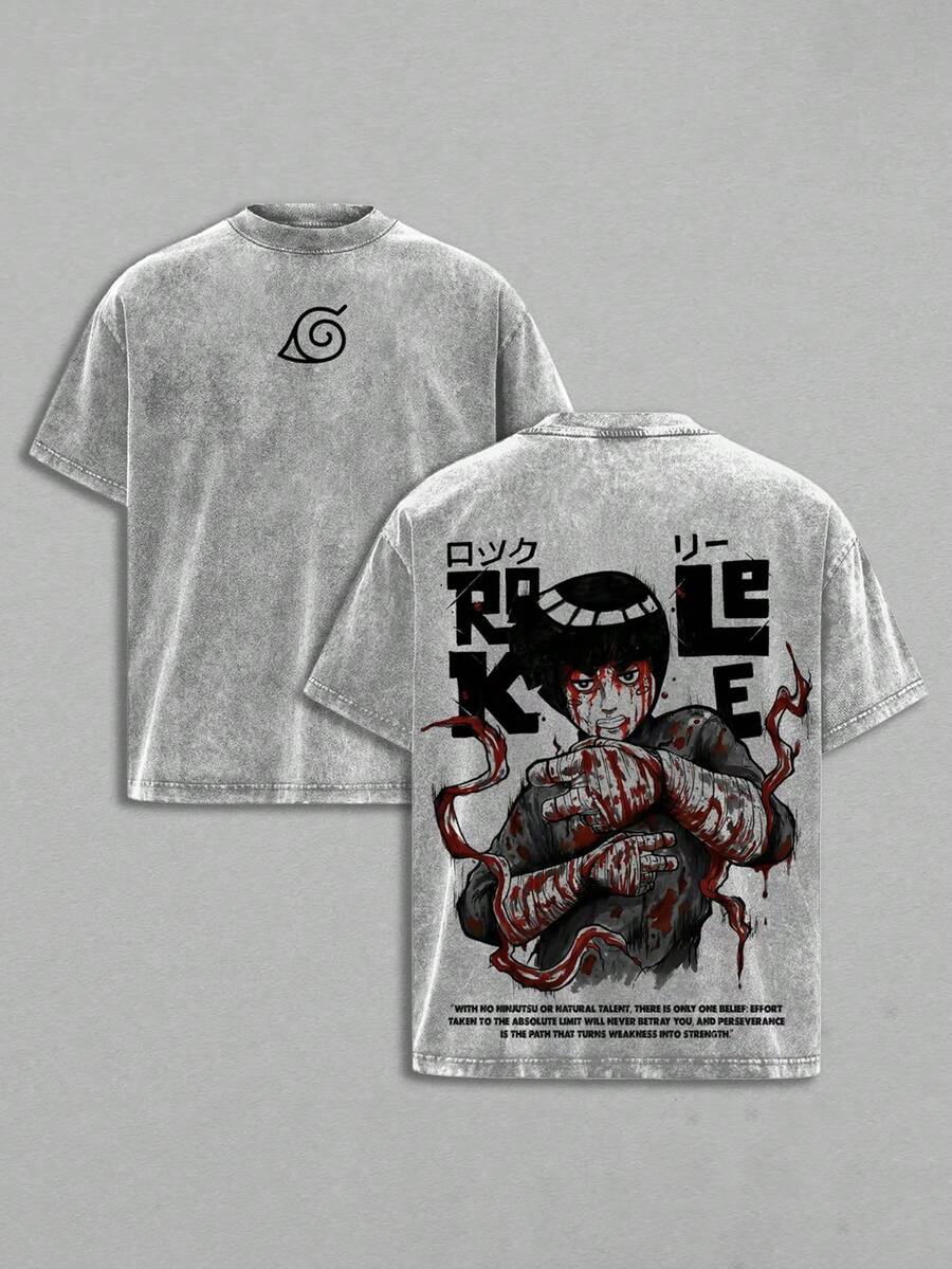 Rock  Tee Washed - Anime MangaVintage Washed Heavy Cotton Oversized T-Shirt & Hoodie, Double Printed Retro UnisexStreetwear Graphic Top, Taijutsu FighterEdition, Loose Fit Multi-Color Anime Merch - 灰色 - 查看 1