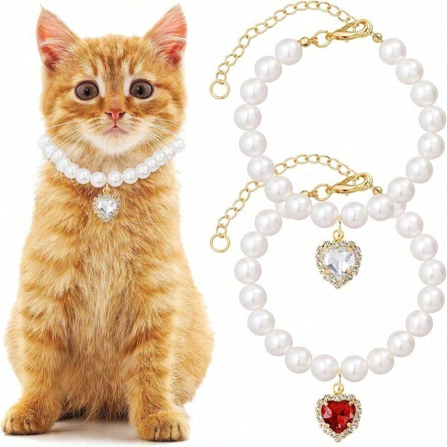 2pcs Pet Necklace, Made Of Faux Pearl, Fashionable And Durable With No Fading, Adjustable Size Suitable For Cats And Dogs, Comfortable For Daily Wear, Convenient For Walking Dogs - Multicolor - View 1