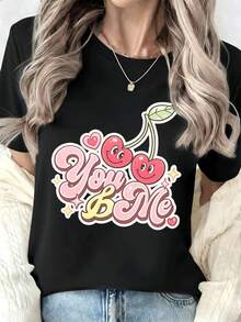 Maglietta casual da donna con grafica Cherry, primavera, scollo tondo, vestibilità comoda, casual, stampa grafica unica - nero - Visualizzare 1