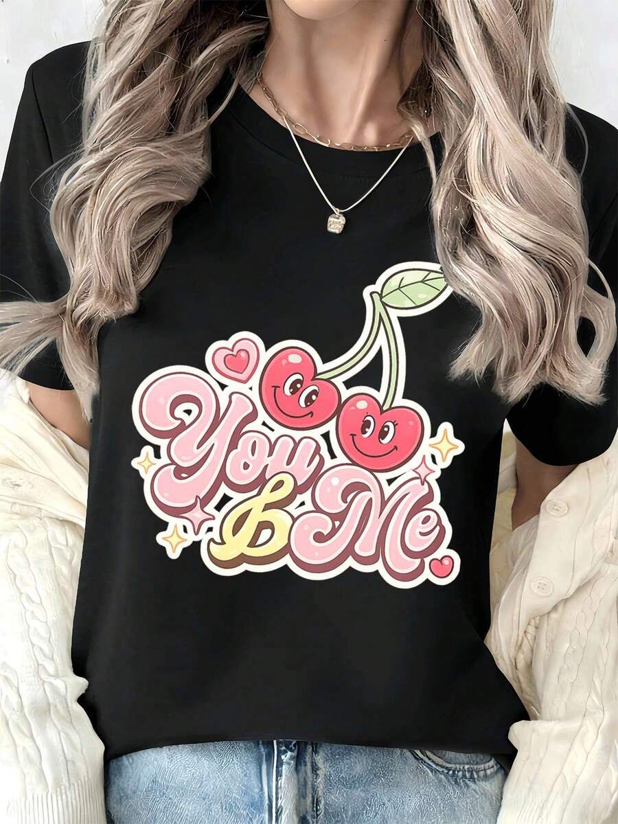Maglietta casual da donna con grafica Cherry, primavera, scollo tondo, vestibilità comoda, casual, stampa grafica unica - nero - Visualizzare 1