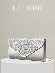 LETODE Women's Evening Clutch Bag With Rhinestone Ear Clips, Bridal Wedding Necklace, Bracelet, Dangle Shiny Sequin Handbag - Silver - View 8