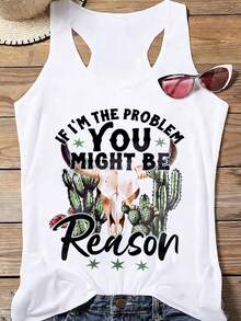 Women's Casual Sleeveless Round Neck T-Shirt With Funny Graphic Print Cotton Blend Tank Top - 白色 - 查看 1