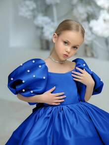 小女孩珍珠泡泡袖蝴蝶结派对礼服，优雅公主裙，适合女孩生日派对、礼物、聚会、舞会、花童、婚礼、节日庆典等场合。 - 藍色 - 查看 7