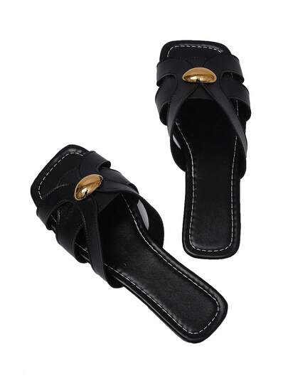 Sandalias de mujer de unicolor de cuero de PU con tiras cruzadas para la playa, uso diario y de fiesta, de una sola pieza y fácil de poner, cómodas y versátiles, con hebilla decorativa lacada, para primavera/verano