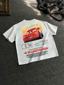 Disney-Cars Lightning McQueen Printed Short Sleeve | American Street Style Loose T-Shirt | Retro Vintage Half Sleeve Top - 白色 - 查看 3