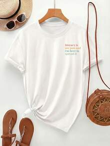 Camiseta de Mujer con el Eslogan "La Alfabetización es Mi Pasión" - Estampado a Doble Cara, Manga Corta, Cuello Redondo, Tejido Transpirable Lavable a Máquina, Adecuada para Todas las Temporadas, Blusa Casual para Vestimenta Informal y Ropa de Concientización sobre la Alfabetización - Blanco - Ver 3