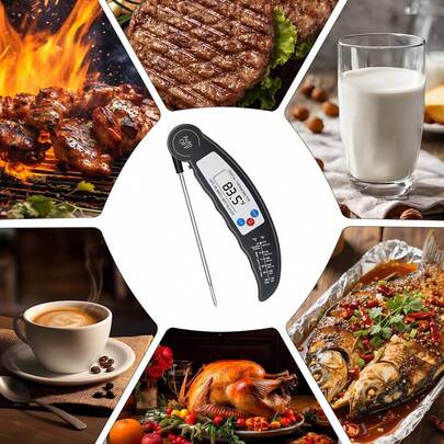 1pc Digital Foldable Food Thermometer, Instant Read Meat Thermometer, Suitable For Grilling And Cooking With Stainless Steel Probe, Applicable For Kitchen, Barbecue, Baking And Dairy Food Temperature Measurement, Cooking Professional Equipment Kitchen Tool (1 AAA Battery Not Included)