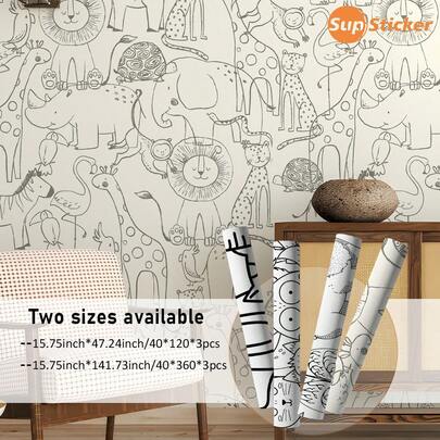 SUPSTICKER 1卷3片可爱动物图案自粘墙纸，卡通风格可移除防水PVC墙贴，加厚耐磨，可DIY裁剪，适用于橱柜、抽屉、客厅、卧室墙面、出租房装饰