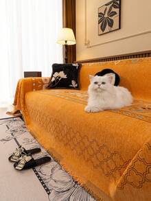 1件波西米亚风沙发毯,多功能沙发套,柔软垂坠的雪尼尔沙发毯,奢华舒适的沙发套,防滑、防尘、防刮,适用于卧室、客厅、书房 - 橘色 - 查看 2