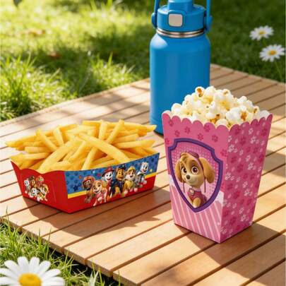 Set de 12 cajas de papel para palomitas de maíz/papas fritas con temática de Paw Patrol, con bolsa de transporte de papel. Cajas plegables de colores para aperitivos de fiesta desechables y plegables.