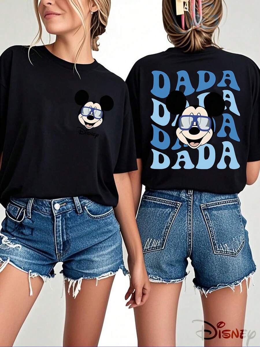 Disney Genuine Authorization, Fun Cartoon Mickey Mouse Pattern Printing Ladies 100% Cotton T-Shirt-Printing, Breathable Light Fabric, Regular Round Neck Summer Street Casual Shirt, Disney Shirt, Pattern And Text Closely Combined, Full Of Fun And Memory. - 黑色 - 查看 1