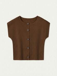 Camiseta sin mangas de punto para mujer, nueva colección primavera/verano, de estilo minimalista y elegante, con cuello redondo, diseño sin mangas, decoración con botón con forma de corazón, top corto y ajustado en color rosa, adecuado para uso casual, trabajo, viajes, citas, ceremonias de graduación y fiestas - Marrón - Ver 9