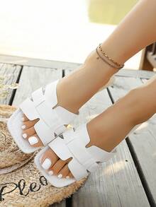 Sandali piatti casual stile vacanza per adolescenti, punta tonda, decorazione a fascia incrociata a forma di H, per uso quotidiano e pendolarismo, nero, bianco, marrone - Bianco - Visualizzare 2