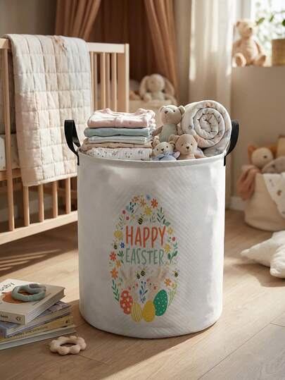 可折叠圆形收纳篮，带提手，大容量，复活节图案印花，多用途收纳箱，适用于婴儿房、尿布、衣物、玩具等，可折叠收纳盒