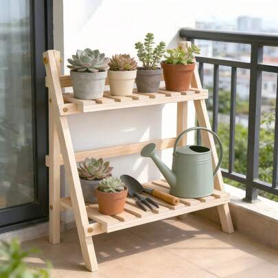 2 Tier Wooden Desktop Storage Rack, Multifunctional Foldable Display Shelf For Home Office, Vintage Wood Stand For Plants, Jewelry, Spice Racks, Makeup Organizer, Books, Crystals, Small Trapezoid Shelf