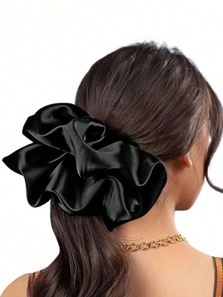 XXL Size Black Hair Scrunchie, Silk Feel For Women, Daily Accessory Scrunchies Hair Ties Scrunchy Hair Ties, Casual ,Gifts Ponytail Head Accessories Elastic Band - Black - 查看 1