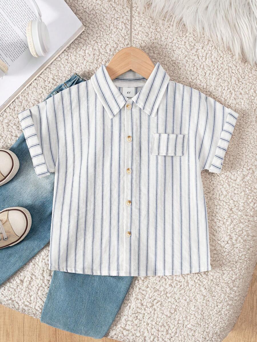 Boys' Blue & White Vertical Striped Short Sleeve Button-Up Shirt, Suitable For Back To School, Vacation, Street Style & Daily Wear - Navy Blue - View 1