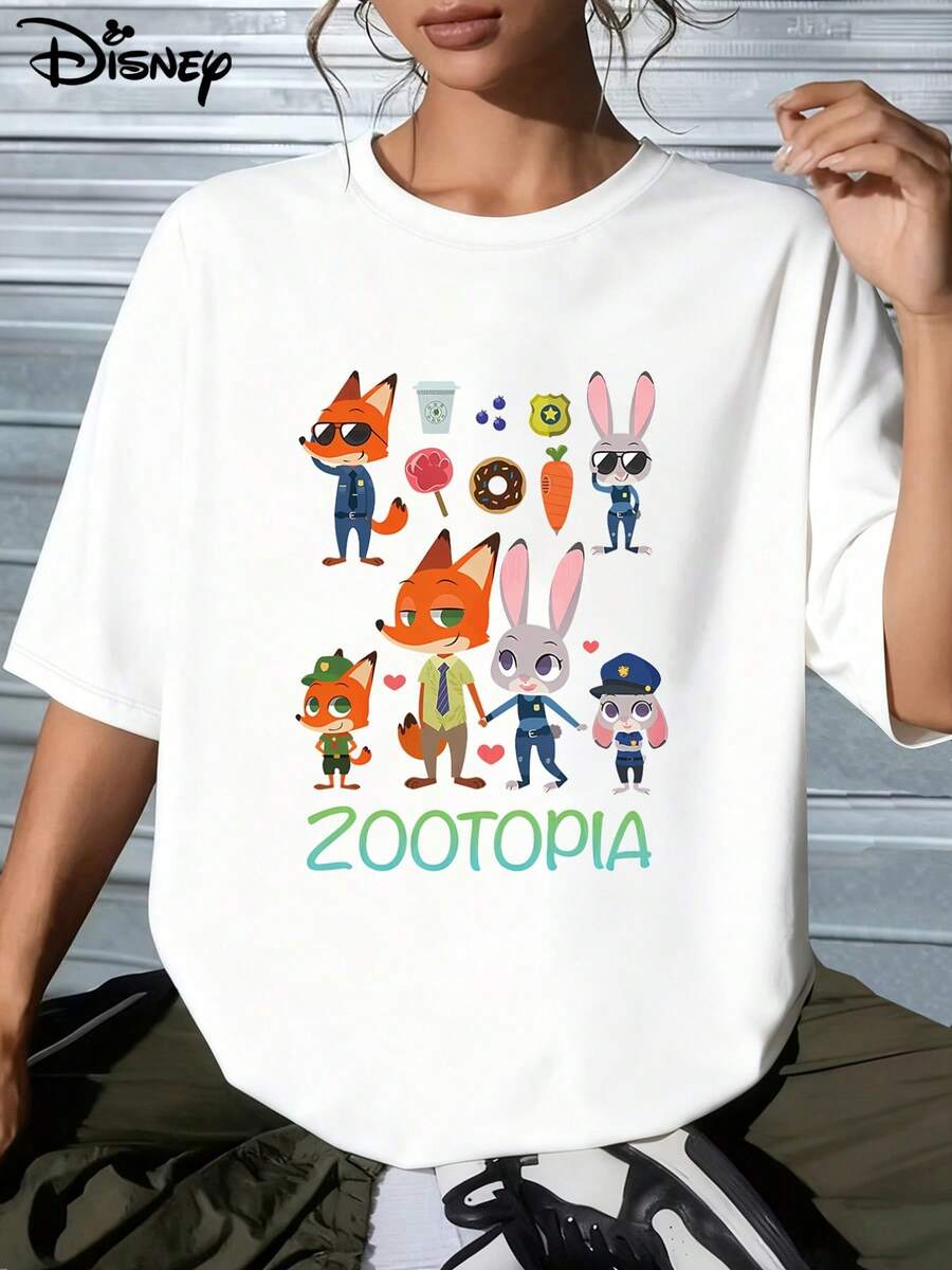 Disney Oversized Cotton T-Shirt | "Zootopia Nick & Judy Collage" Print | Street Style. Made From Soft, Comfortable, And Durable Pure Cotton, This Is An Ideal Choice For Spring And Summer. This Crew Neck T-Shirt Is Suitable For Various Occasions, Including Everyday Wear, Shopping, Parties, Travel, And Gatherings, And Also Makes A Thoughtful Gift. - 白色 - 查看 1