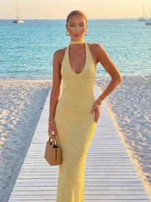 金色露背吊带系腰针织连衣裙，女士时尚优雅沙滩度假针织连衣裙，舒适休闲派对晚礼服，纯色长款连衣裙，适合夏季婚礼穿着 - 金色 - 查看 4