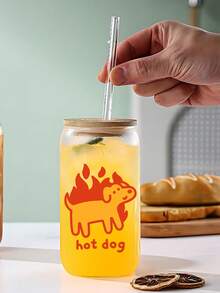 1pc Flame Hot Dog Funny Glass Cup With Straw, Cute Birthday/Holiday/New Year Gift, Suitable For Hot And Cold Drinks - Multicolor - View 2