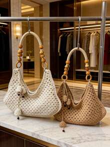 优雅度假风镂空钩编单肩包，串珠木柄手提包，大容量复古沙滩度假包 - 卡其色 - 查看 6
