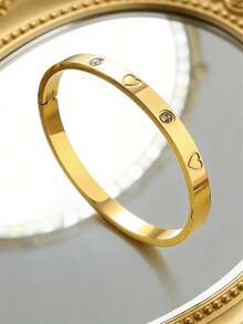 1 pieza Pulsera de acero de titanio con forma de corazón y rhinestones, chapada en oro de 18K, de moda y de alta gama, adecuada para uso diario y como regalo - Pulsera en forma de corazón - Ver 6