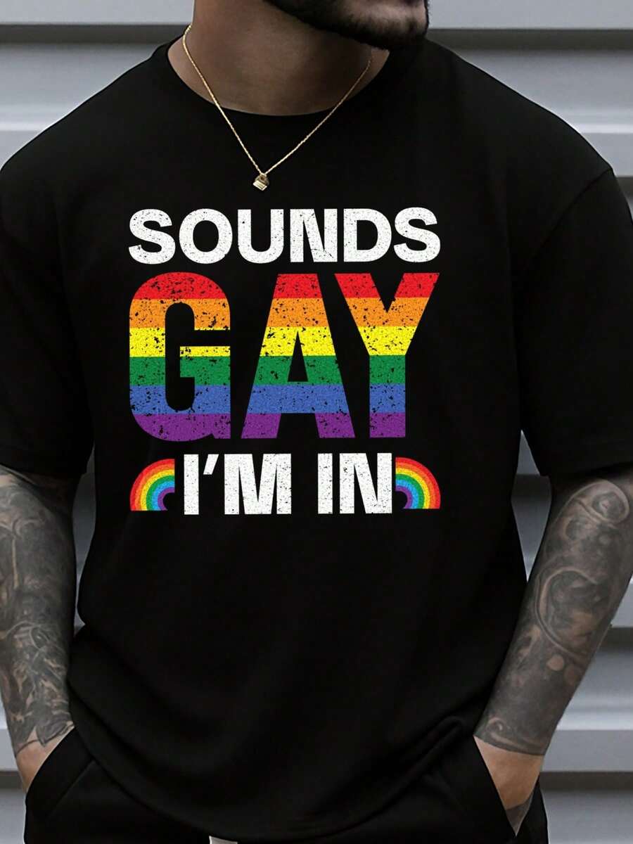 Gay Pride T-Shirt - + Community Apparel With "Sounds Gay" Print, Casual Short Sleeve Round Neck Tee For Year-Round Wear, Machine Washable Comfortable Top For Parties, Everyday Outfits & Pride Events - Black - View 1