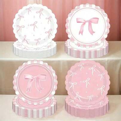 100 piezas/50 piezas/40 piezas/30 piezas/20 piezas/10 piezas Platos de papel con lazo rosa, a prueba de fugas y resistentes a los arañazos, con borde floral a cuadros para fiestas de cumpleaños, tardes de té, bodas y fiestas con estilo de princesa