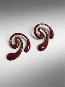 1 Pair Fashion Minimalist Creative Gothic Style Heart & Geometric Line Earrings, Versatile For Women To Wear To Dates, Parties, And Daily Use. The Metal Surface Is Handcrafted, May Have Minor Imperfections But Still Beautiful. - Burgundy - View 3