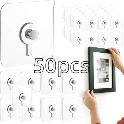 50pcs/Pack Nail-Free Picture Hooks, Nail-Free Wall Hangers, Adhesive Wall Hooks, Waterproof & Oil-Proof, Photo Frame Hangers, Suitable For Kitchen, Bathroom, Bedroom