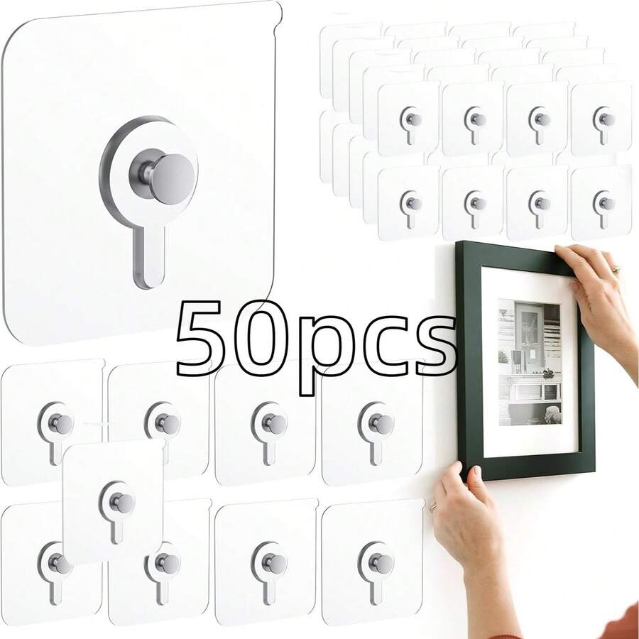 50个/包 免钉挂钩，免钉墙钩，粘性墙钩，防水防油，相框挂钩，适用于厨房、浴室、卧室 - 彩色 - 查看 1