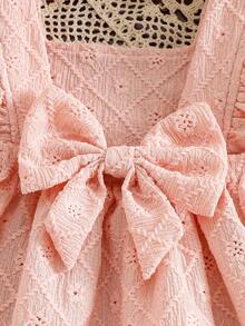 Girls' Casual Comfortable Solid Color Cap Sleeve Bow Hollow Embroidered Dress, Spring/Summer - Pink - View 7