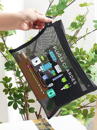 Multi Colored Mesh Bag Printed With A Creative Pattern Of Charging Cable Theme, Data Cable Storage, Charger Storage Bag,,Fashionable And Personalized Makeup Bag, Student Stationery Bag, Travel Wash Bag, Small And Practical Digital Packet, Classified Storage Bag,Perfect For Valentine'S Day, Birthday, Holiday Gifts For Girls, Family, Friends.Wedding Season, Souvenirs, Bridesmaid Gifts