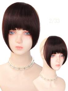 Synthetic Natural Black Yaki Straight Bangs Hairpiece For Women With Temples, Handmade Fluffy Straight Bangs, Seamless Fit, Invisible & Natural, Easy To Wear, Beginner Friendly - Multicolor - View 10