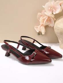 Closed Pointed Toe Slingback Pumps Kitten Heels For Women Low Heel Buckle Strap Dress Shoes Daily Working Wedding Sandals Heels - Đỏ - Xem 4