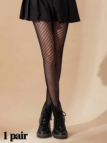春夏欧美千禧一代辣妹斜纹提花趣味渔网袜黑色丝绸性感复古透视下摆连裤袜 - 黑色 - 查看 1