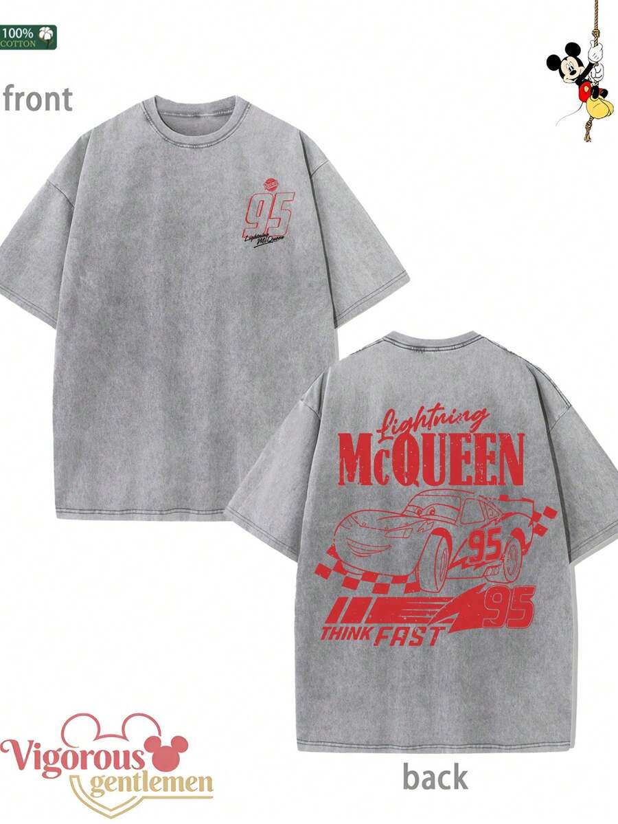 Disney McQueen Racing Car Pattern Gray T-Shirt Summer Clothing  Vintage Washed 230g Pattern T-Shirt - 灰色 - 查看 1