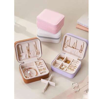1个便携式旅行首饰收纳盒，小型拉链首饰盒，PU皮革首饰整理盒，多层耳环戒指收纳盒，化妆品收纳盒，首饰展示架，香水收纳盒，防水抗氧化材质，有效保护您的戒指、耳环和项链，节日礼物，女士礼物，适合教师使用