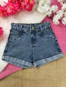 Girls' Denim Shorts With Internal Adjustment, Adjustable Waist, Folded Hem, Comfortable, Children's Fashion. - 中等水洗藍 - 查看 8