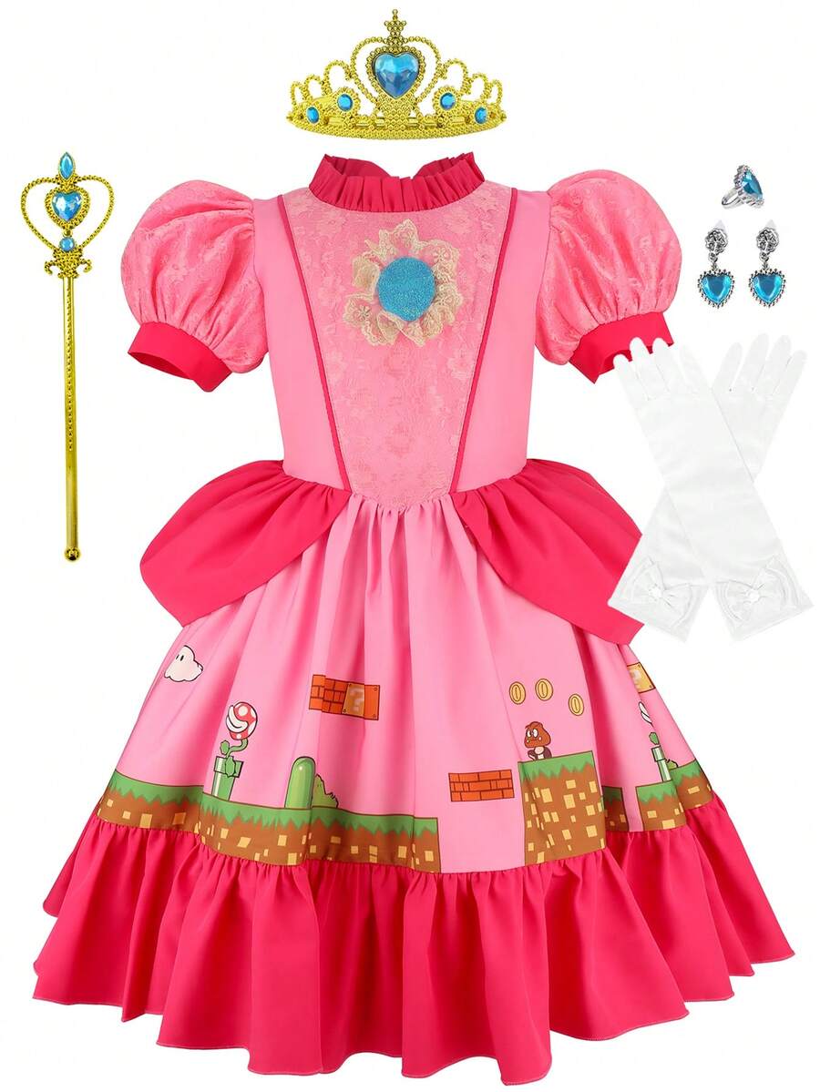 女孩公主服装，电影嘉年华角色扮演服装，万圣节复活节生日派对儿童服装 - 粉色 - 查看 1
