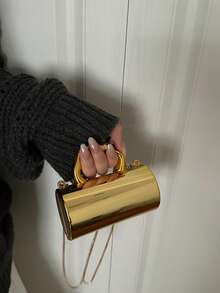 Avant-Garde Shiny Gold Handbag, Party Evening Bag, Glossy Silver Purse, Mini Chain Shoulder Bag, Lipstick & Earphone Pouch, Coin Purse - Gold - View 3