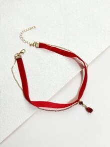 1pc Women's Retro Velvet Chain Crystal Pendant Necklace, Fashion Tassel Choker Necklace - Multicolor - View 5