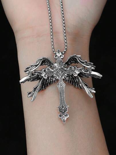 1pc Vintage Six-Wing Angel Cross Necklace, Sacred Sword Cross Wing Necklace, Punk Gothic Style For Men